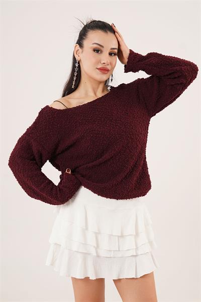 Kayık Yaka Topçuklu Bordo Kazak	