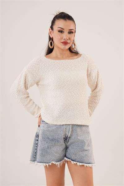 Kayık Yaka Topçuklu Taş Kazak