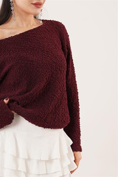 Kayık Yaka Topçuklu Bordo Kazak	