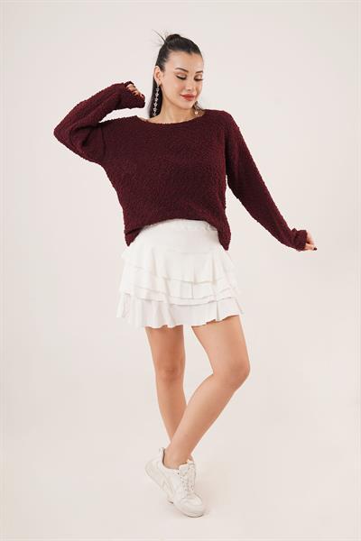 Kayık Yaka Topçuklu Bordo Kazak	