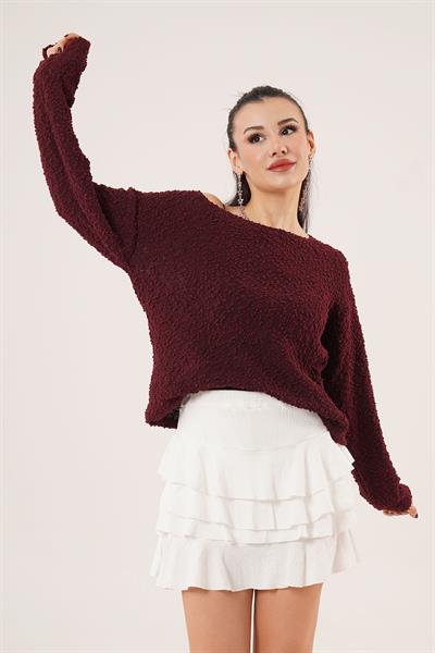 Kayık Yaka Topçuklu Bordo Kazak	