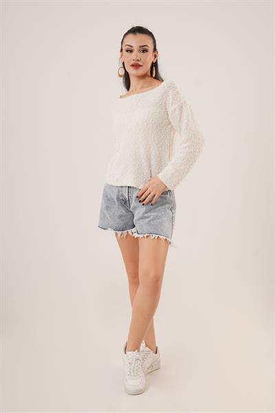 Kayık Yaka Topçuklu Taş Kazak