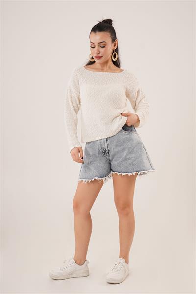 Kayık Yaka Topçuklu Taş Kazak