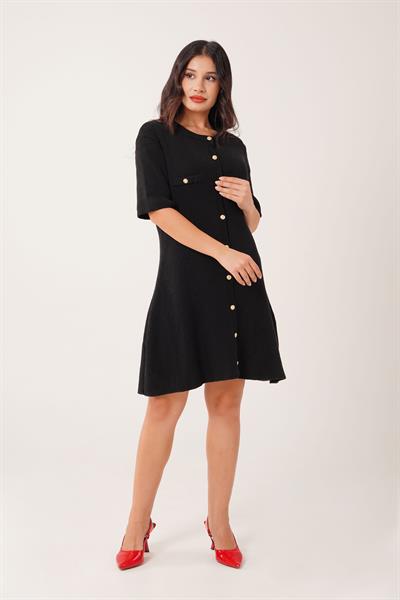 Gold Düğme Detay Bisiklet Yaka Siyah Kısa Triko Elbise