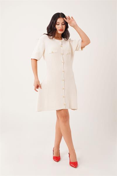Gold Düğme Detay Bisiklet Yaka Taş Kısa Triko Elbise
