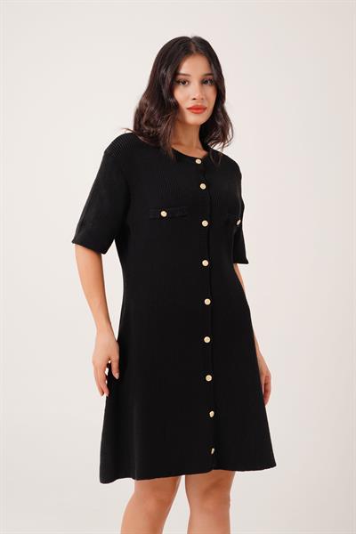 Gold Düğme Detay Bisiklet Yaka Siyah Kısa Triko Elbise