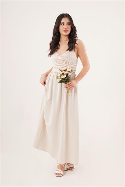 Ajurlu Askılı Belden Oturtmalı Maxi Taş Elbise