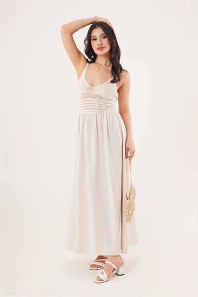 Ajurlu Askılı Belden Oturtmalı Maxi Taş Elbise