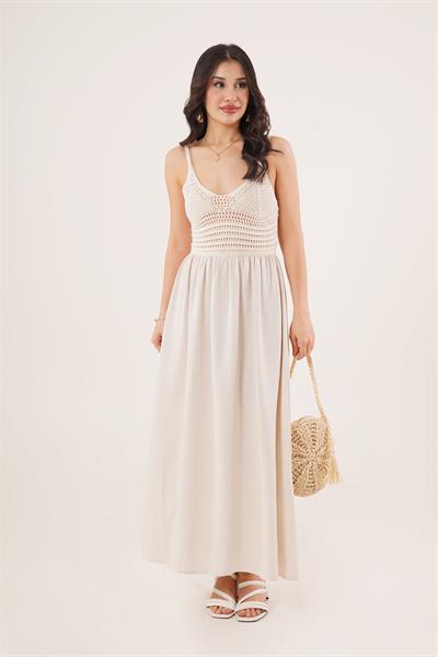 Ajurlu Askılı Belden Oturtmalı Maxi Taş Elbise