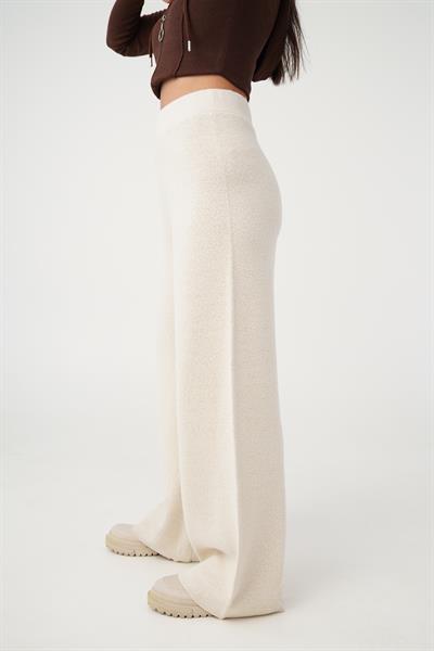 Triko Yüksek Bel Kalın Sim İp Geçişli Bej Bol Pantolon