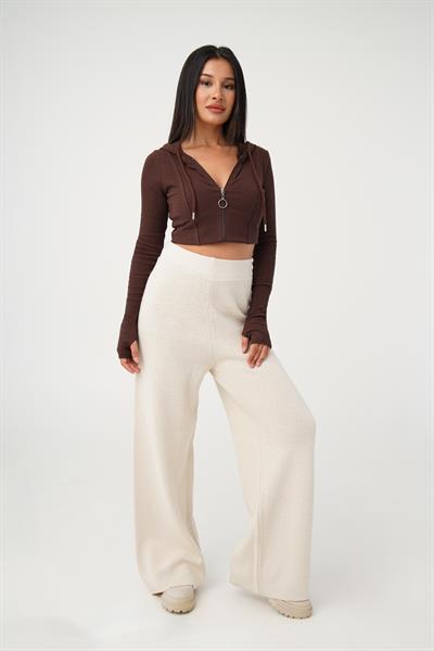 Triko Yüksek Bel Kalın Sim İp Geçişli Bej Bol Pantolon