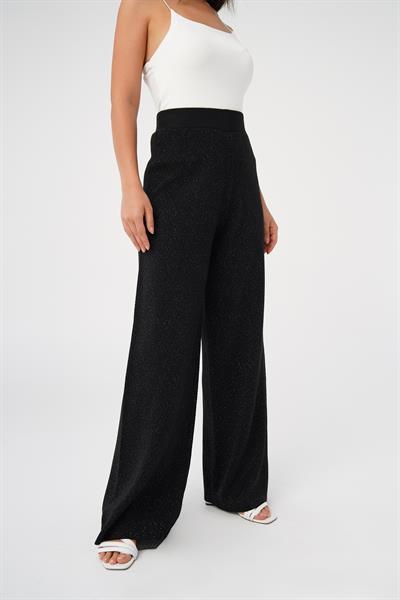 Triko Yüksek Bel Kalın Sim İp Geçişli Siyah Bol Pantolon