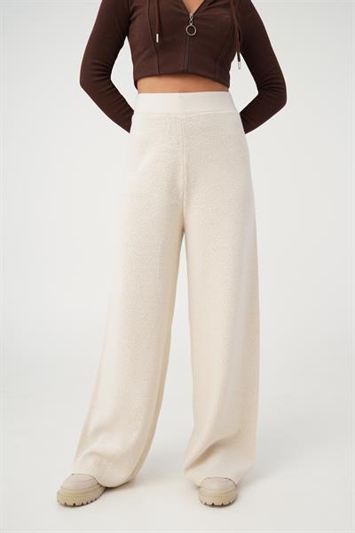 Triko Yüksek Bel Kalın Sim İp Geçişli Bej Bol Pantolon