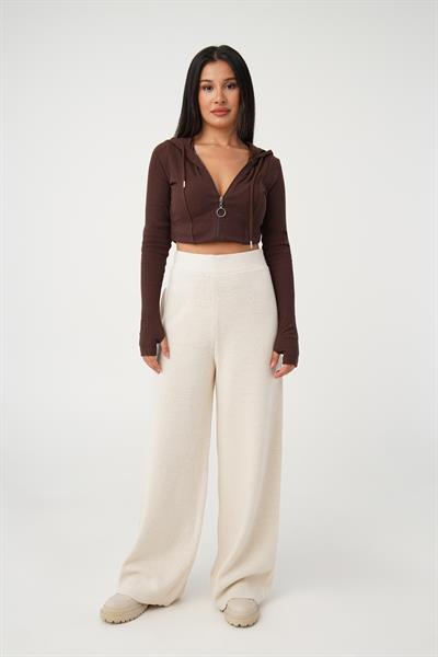 Triko Yüksek Bel Kalın Sim İp Geçişli Bej Bol Pantolon