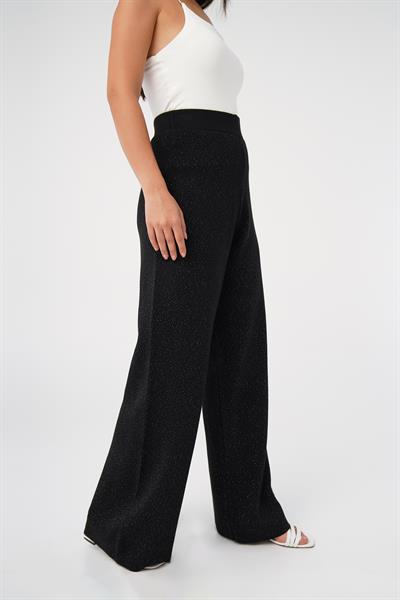 Triko Yüksek Bel Kalın Sim İp Geçişli Siyah Bol Pantolon