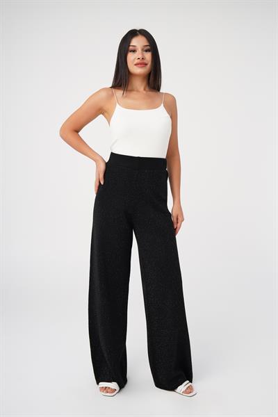 Triko Yüksek Bel Kalın Sim İp Geçişli Siyah Bol Pantolon