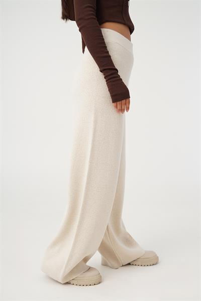 Triko Yüksek Bel Kalın Sim İp Geçişli Bej Bol Pantolon