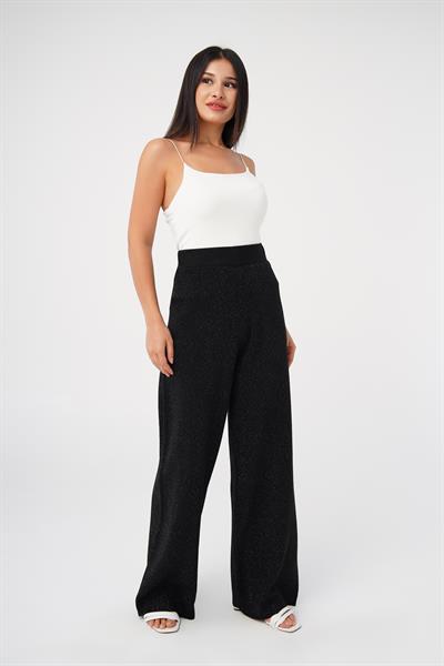 Triko Yüksek Bel Kalın Sim İp Geçişli Siyah Bol Pantolon
