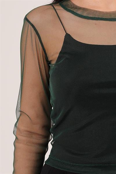 Transparan Zümrüt Yeşili Tül Basic Bluz