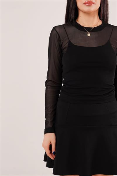 Transparan Siyah Tül Basic Bluz