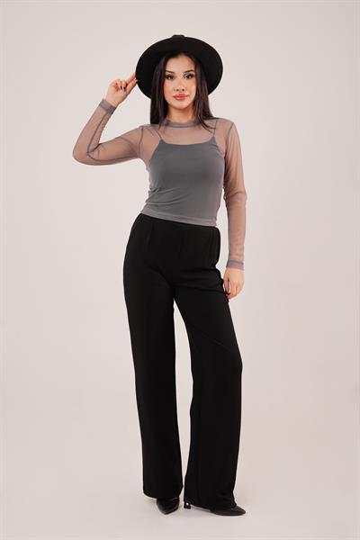 Transparan Gri Tül Basic Bluz	