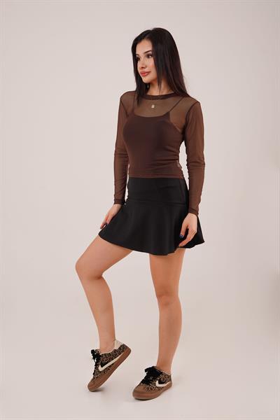 Transparan Kahverengi Tül Basic Bluz	