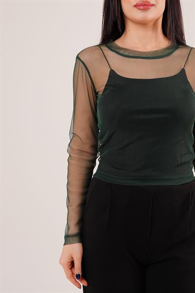 Transparan Zümrüt Yeşili Tül Basic Bluz