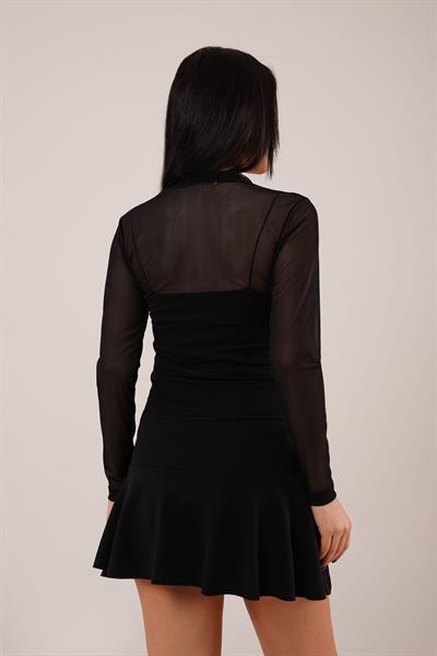Transparan Siyah Tül Basic Bluz