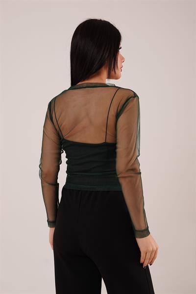 Transparan Zümrüt Yeşili Tül Basic Bluz