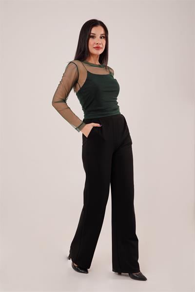 Transparan Zümrüt Yeşili Tül Basic Bluz