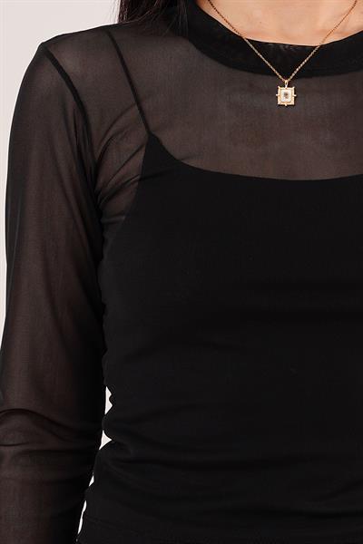 Transparan Siyah Tül Basic Bluz