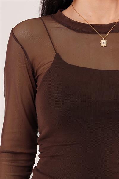 Transparan Kahverengi Tül Basic Bluz	