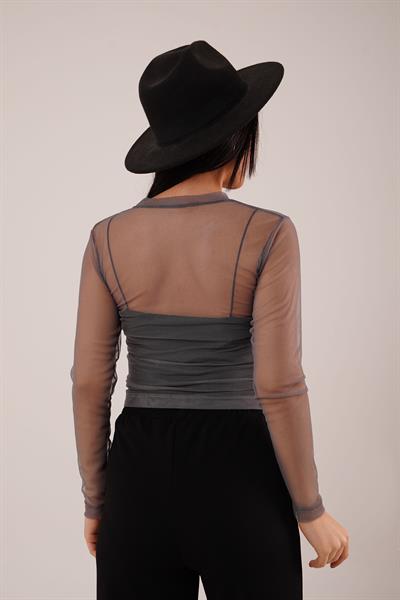 Transparan Gri Tül Basic Bluz	
