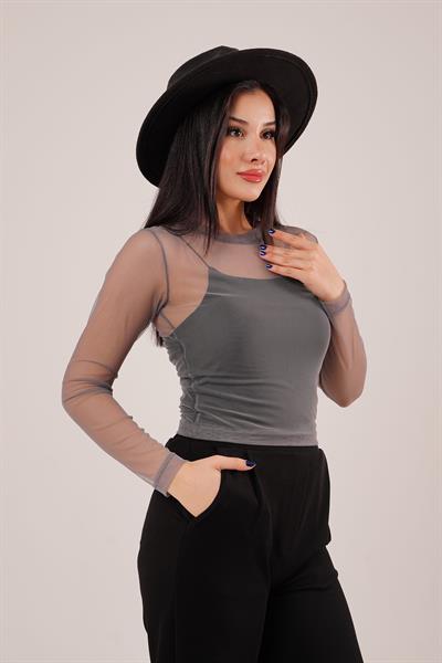 Transparan Gri Tül Basic Bluz	