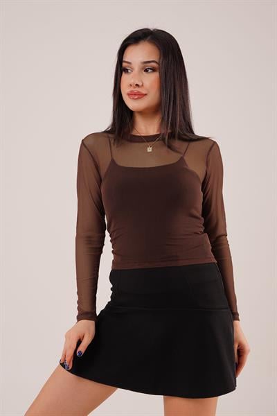 Transparan Kahverengi Tül Basic Bluz	
