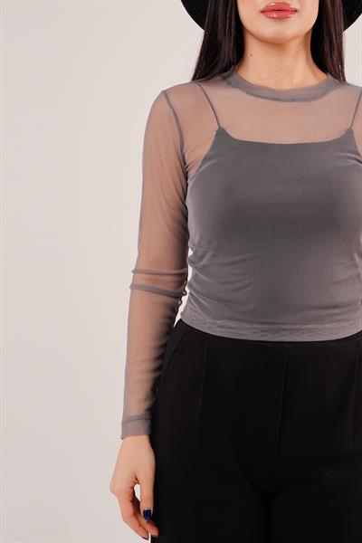 Transparan Gri Tül Basic Bluz	