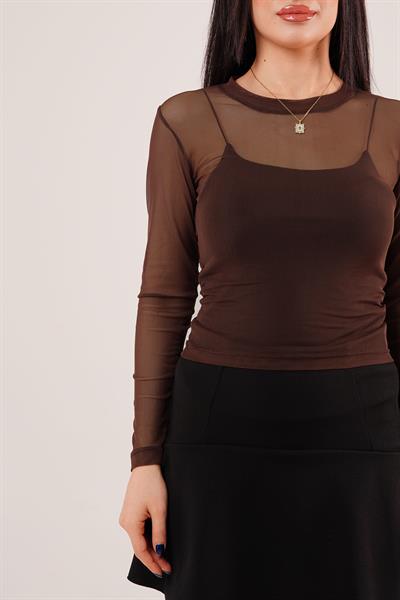 Transparan Kahverengi Tül Basic Bluz	
