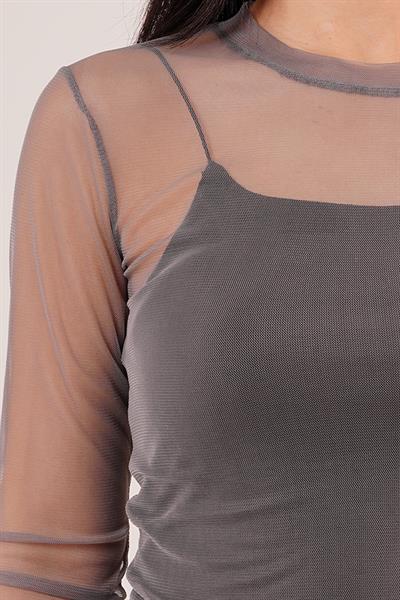Transparan Gri Tül Basic Bluz	