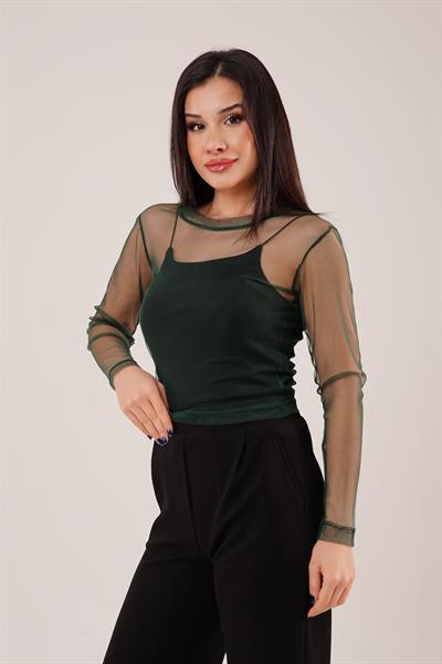 Transparan Zümrüt Yeşili Tül Basic Bluz