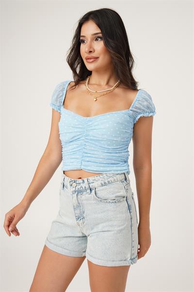 Tül Detaylı Drapeli Puantiye Desen Mavi Bluz