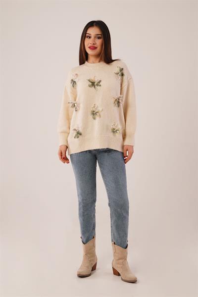 Tül Payet İşlemeli Çiçek Detaylı Bej Kalın Triko Kazak