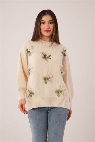 Tül Payet İşlemeli Çiçek Detaylı Bej Kalın Triko Kazak