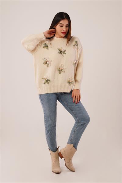 Tül Payet İşlemeli Çiçek Detaylı Bej Kalın Triko Kazak