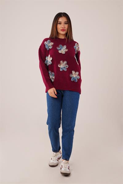 Tül Payet İşlemeli Çiçek Detaylı Bordo Kalın Triko Kazak