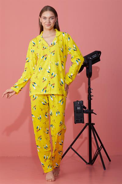 Tweety Desenli Uzun Kol Düğmeli Sarı Pijama Takımı