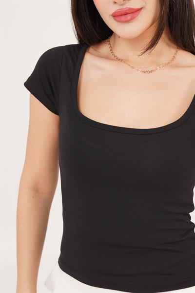 U Yaka Basic Siyah Tişört	