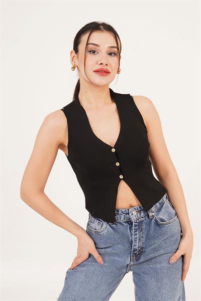 Üç Düğme Detay Kaşkorse Siyah Bluz	