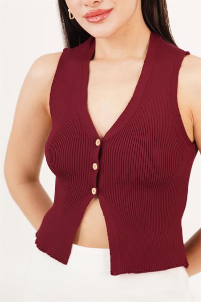 Üç Düğme Detay Kaşkorse Bordo Bluz	