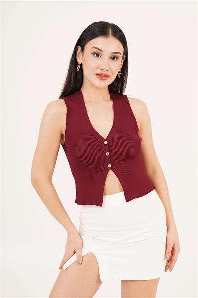 Üç Düğme Detay Kaşkorse Bordo Bluz	
