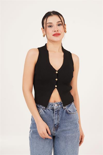 Üç Düğme Detay Kaşkorse Siyah Bluz	